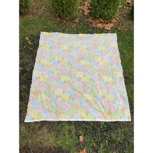 Vtg 70s Cannon Remembrance Polyester Blanket Faux Pastel Colored Patchwork 87x77
